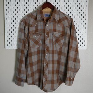 Vintage Contender Western Plaid Flannel Shirt Cowboy Rodeo Pearl Snaps Large Tan